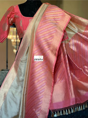 Pure Katan Silk Benarasi - Ivory Pink Golden Silver Zari