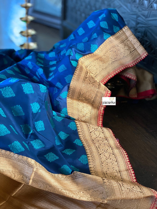 Pure Katan Silk Banarasi - Blue Firozi Antique Zari