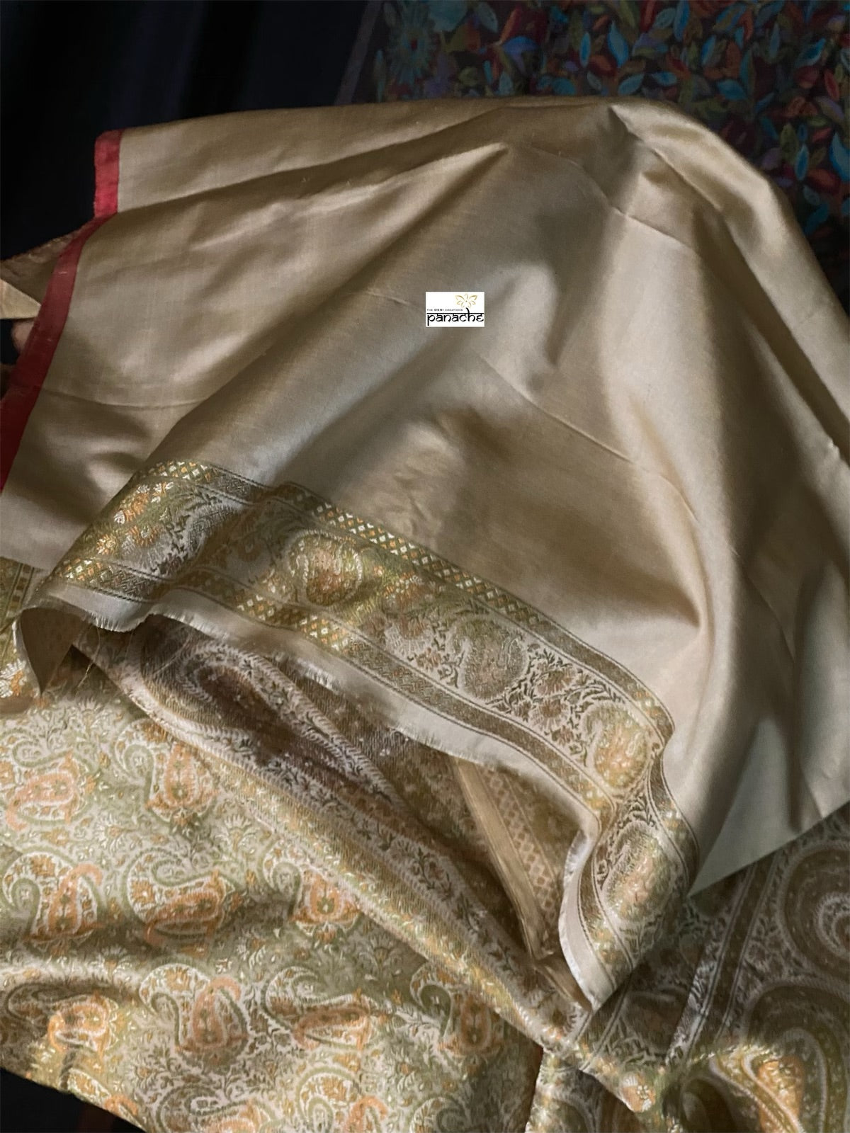 Pure Satin Silk Tanchoi Banarasi - Beige Grey Pista Green Kani Woven