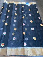 Pure Chanderi Katan Silk - Black Meenakari