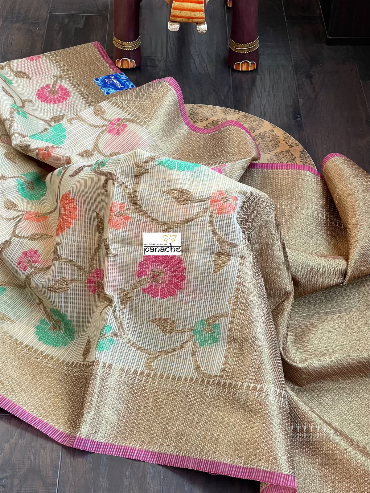 Cotton Silk Banaras Chanderi - Beige Golden Meenakari