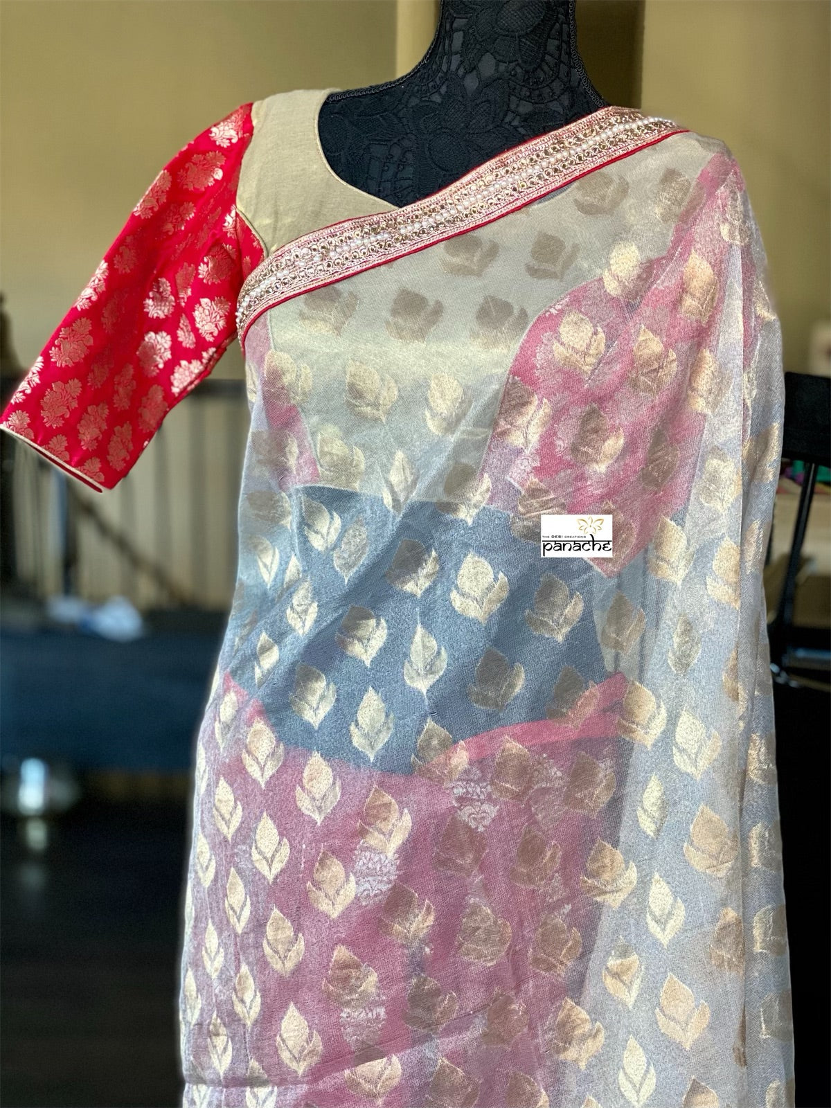 Designer Saree - Golden Tissue Red Soft Silk Half Half