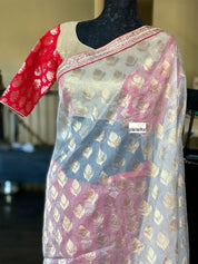 Designer Saree - Golden Tissue Red Soft Silk Half Half