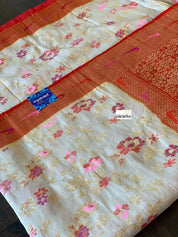 Khaddi Tussar Banarasi - Tilfi woven Beige Orange Multi Meenakari