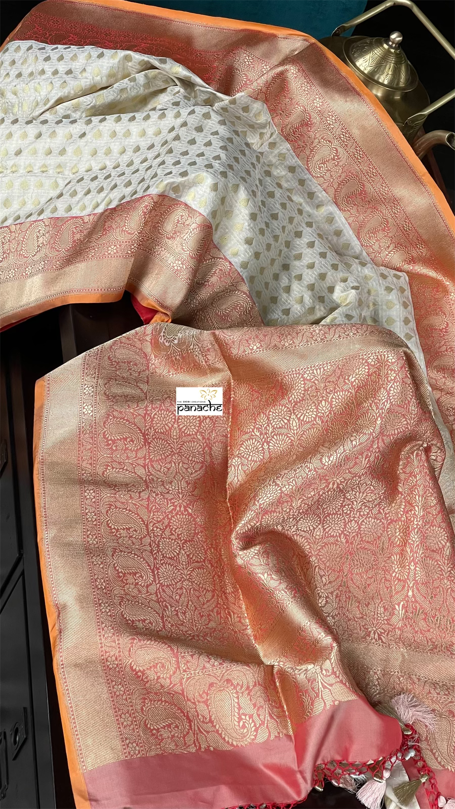 Pure Silk Katan Banarasi- Off-White Checkered