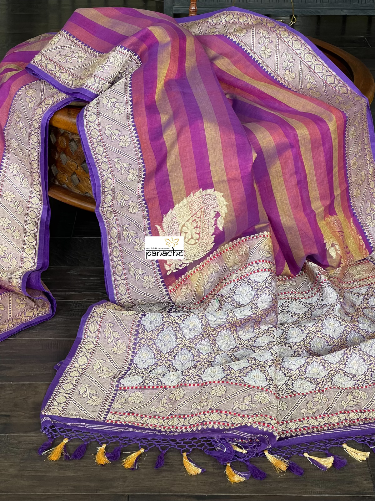Pure Malmal Cotton Banarasi - Purple Striped Kadwa Zari Woven