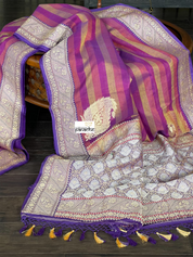 Pure Malmal Cotton Banarasi - Purple Striped Kadwa Zari Woven
