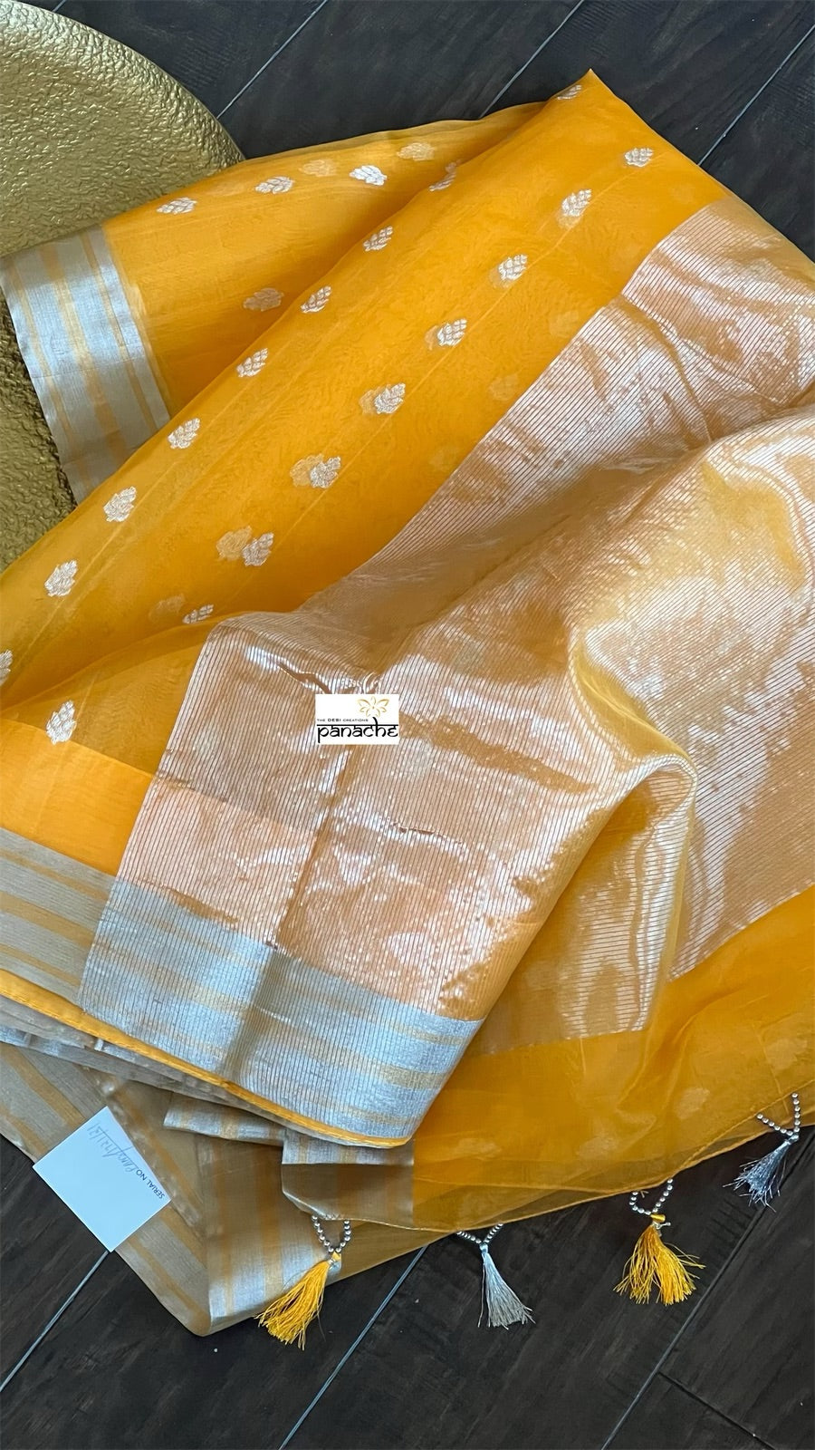 Pure Chanderi Organza Silk - Orangish Yellow Silver Zari