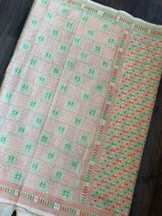 Pure Gachi Tussar Silk Kantha Stitch -  Beige Orange Green Worli