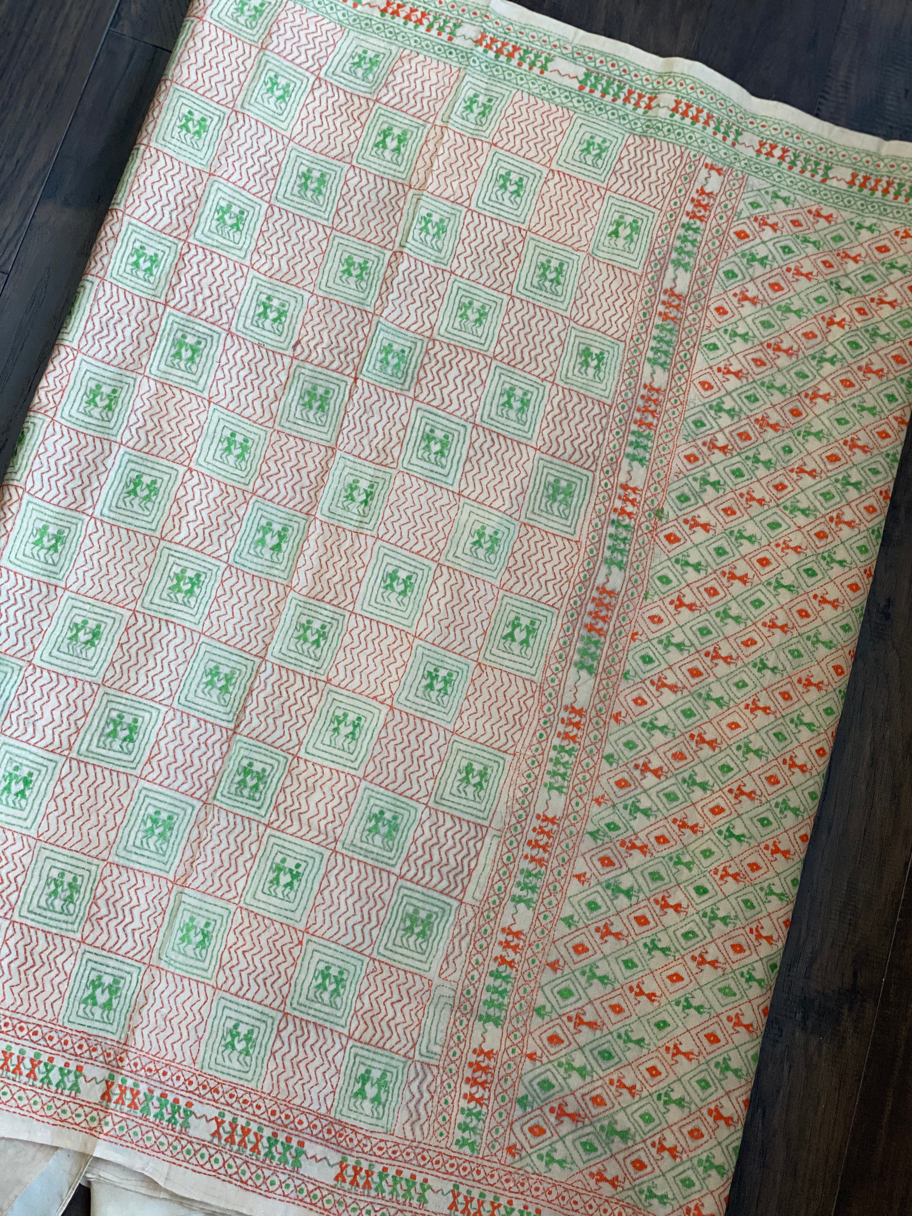 Pure Gachi Tussar Silk Kantha Stitch -  Beige Orange Green Worli