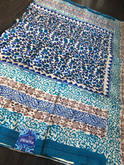 Tussar Silk - Printed Offwhite Firozi Royal Blue