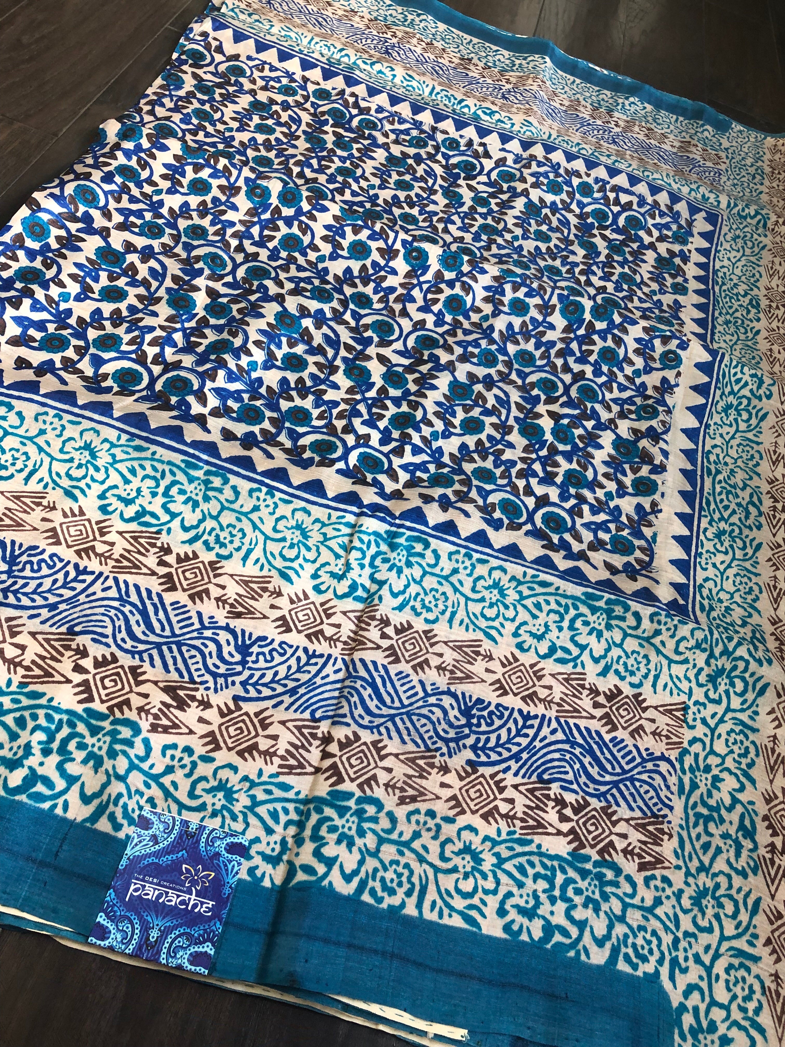 Tussar Silk - Printed Offwhite Firozi Royal Blue