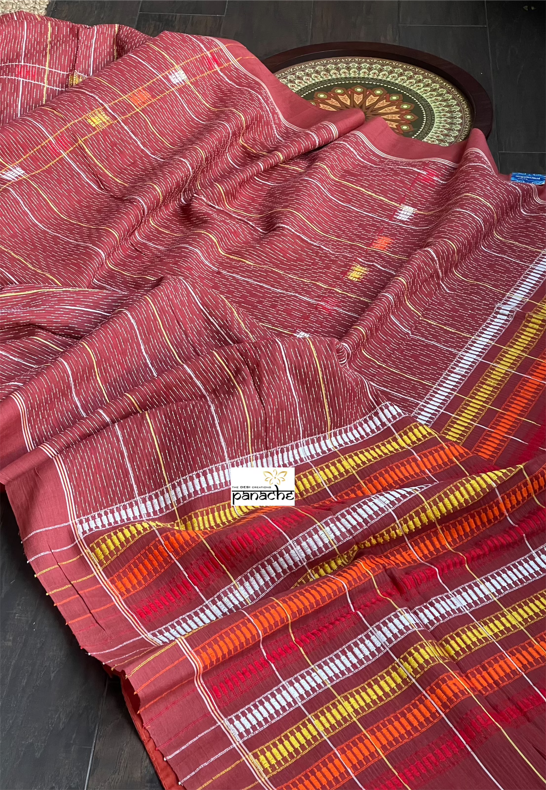 Pure Cotton Khes Kantha Stitch -  Rust Maroon Multi Color
