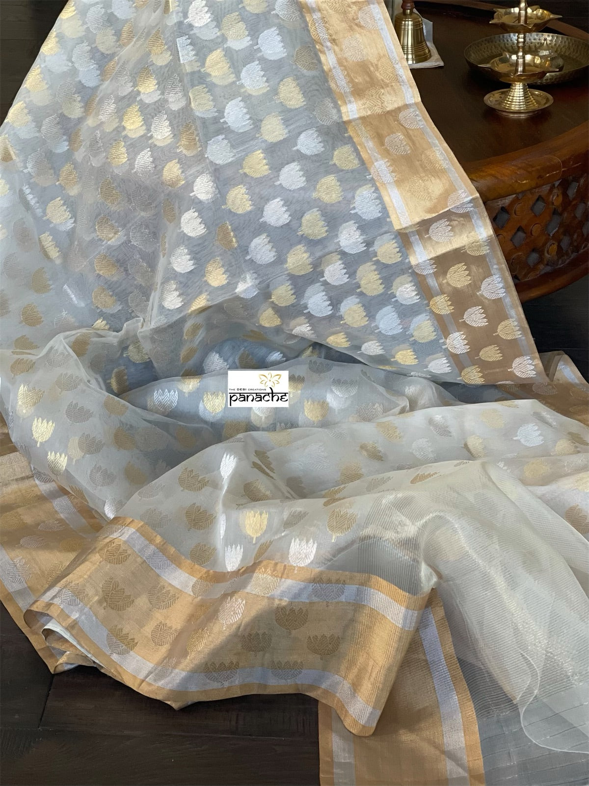 Pure Chanderi Organza Silk - Off White Eknaliya Lotus Woven