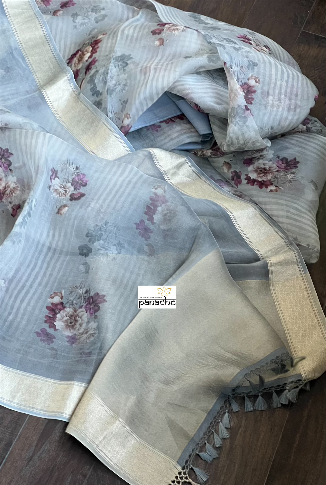 Banarasi Organza Floral - Grey Antique Golden Zari