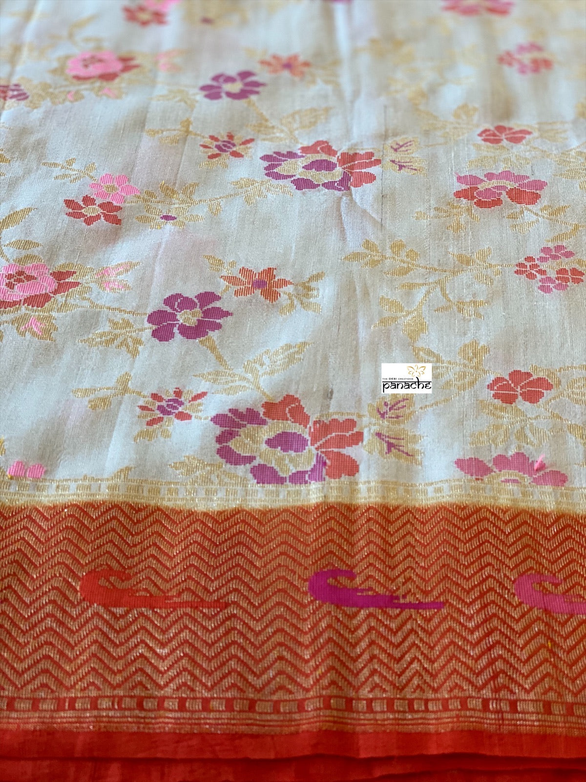 Khaddi Tussar Banarasi - Tilfi woven Beige Orange Multi Meenakari