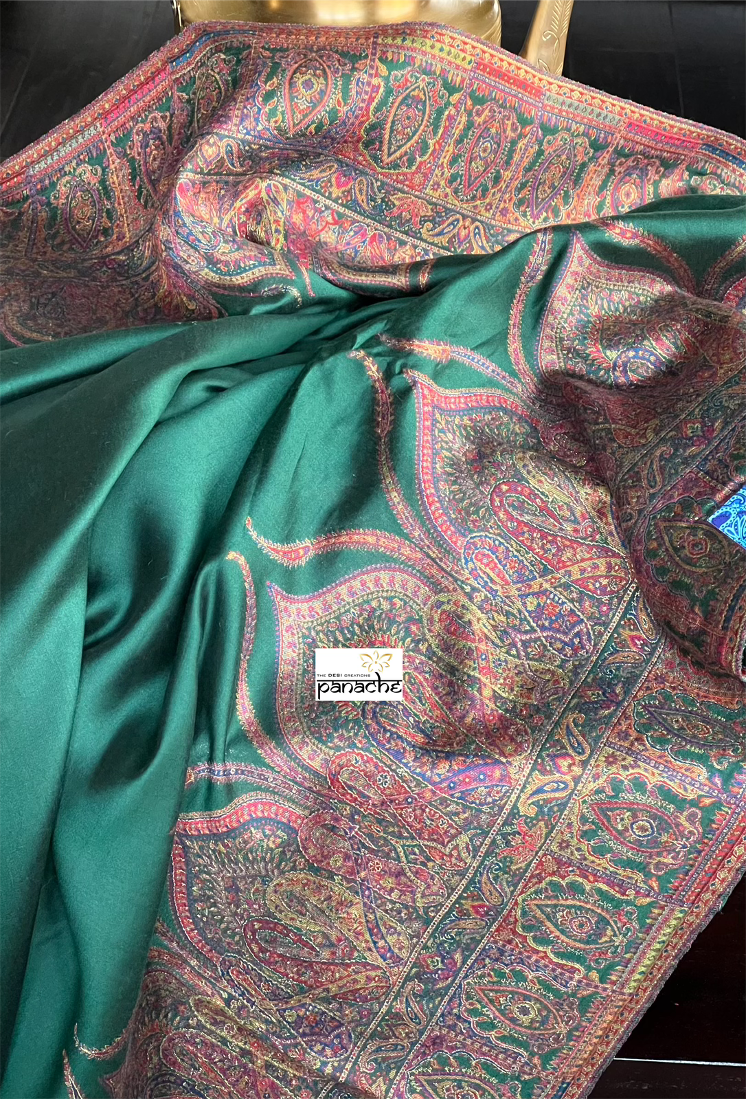 Muga Silk Pashmina Banarasi - Bottle Green Antique Golden Zari
