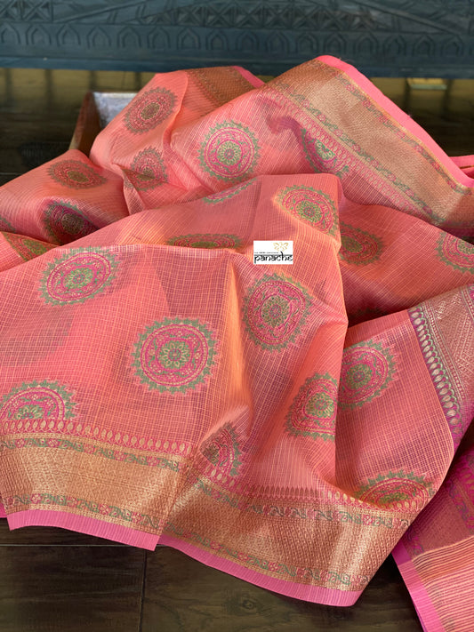 Cotton Silk Banarasi - Peach Meenakari