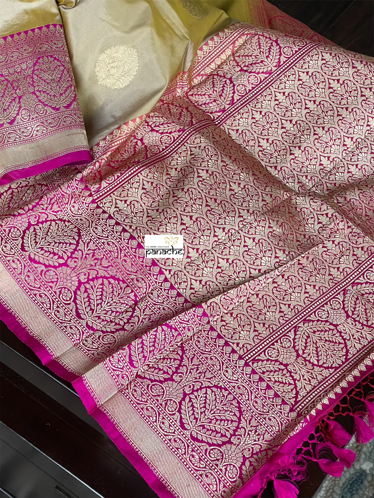 Pure Katan Silk Banarasi - Tan Gray Magenta