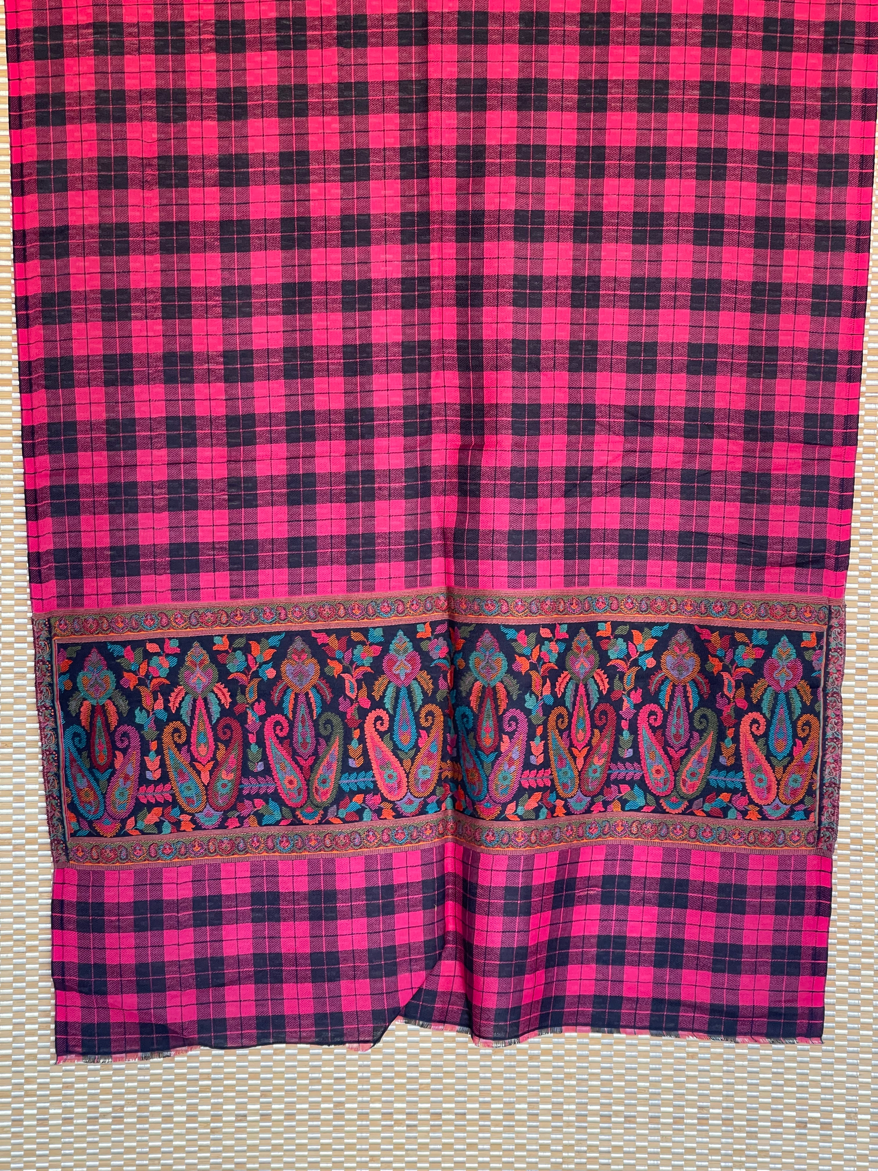 Kashmiri Woven Stole - Pink Black Checkered