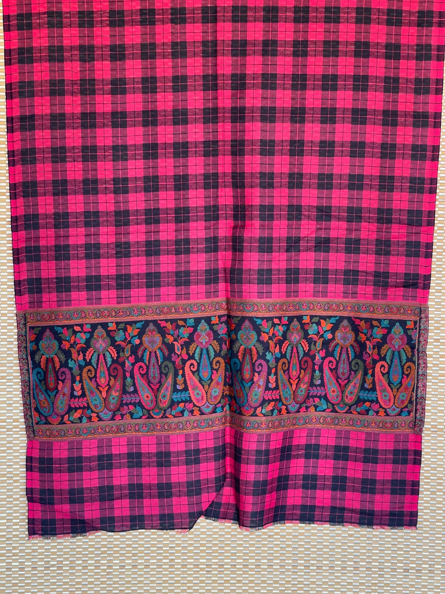 Kashmiri Woven Stole - Pink Black Checkered