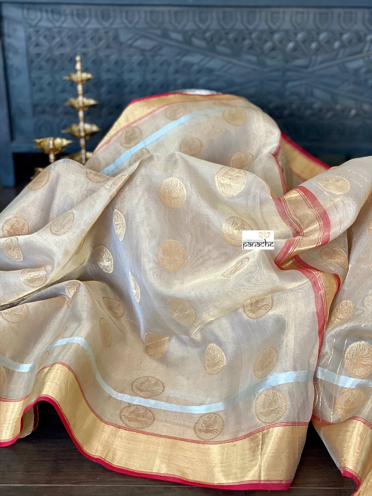 Tissue Chanderi Silk - Golden Beige Maroon