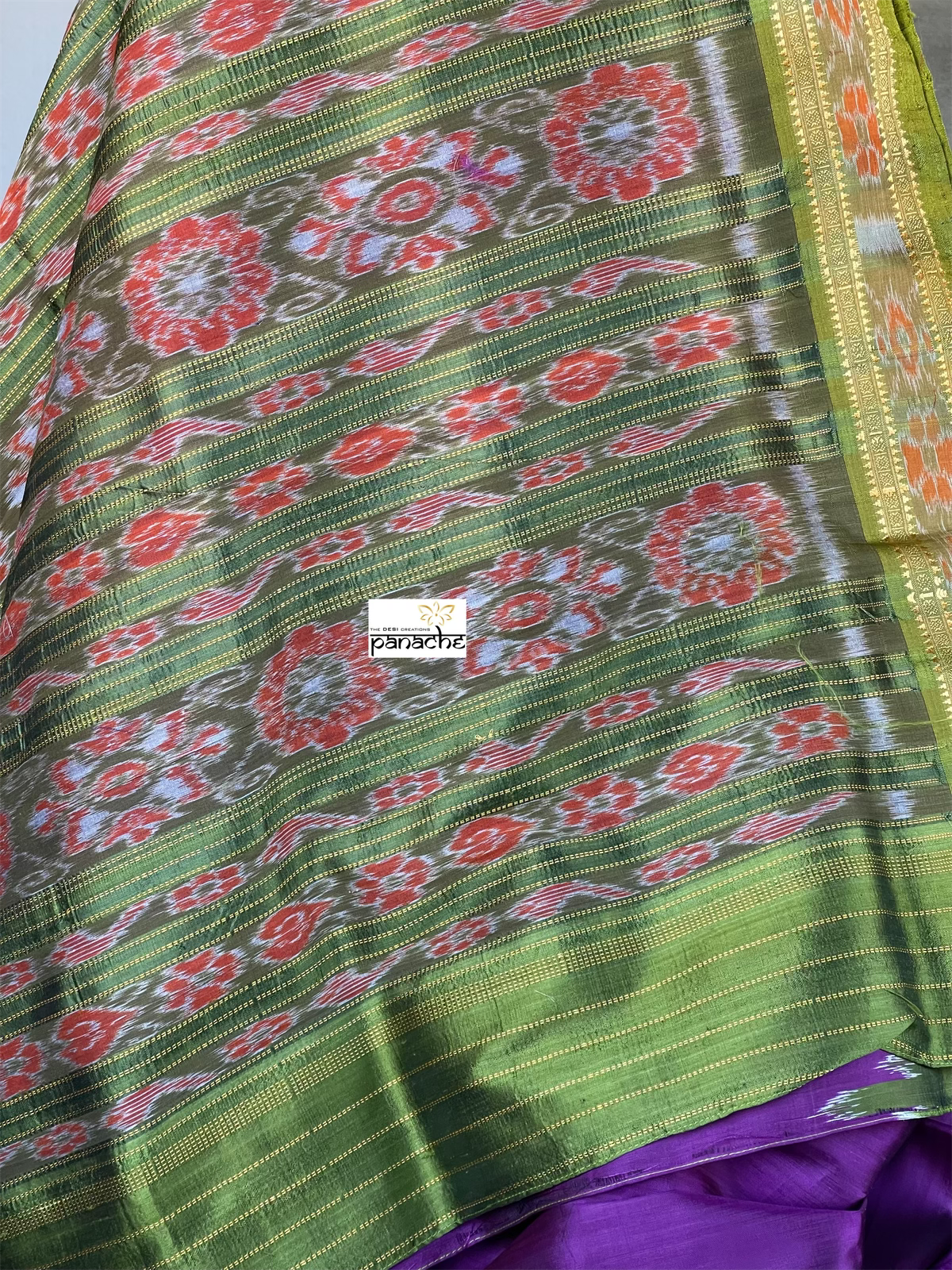 Pure Sambalpuri Silk - Green Purple Temple Border