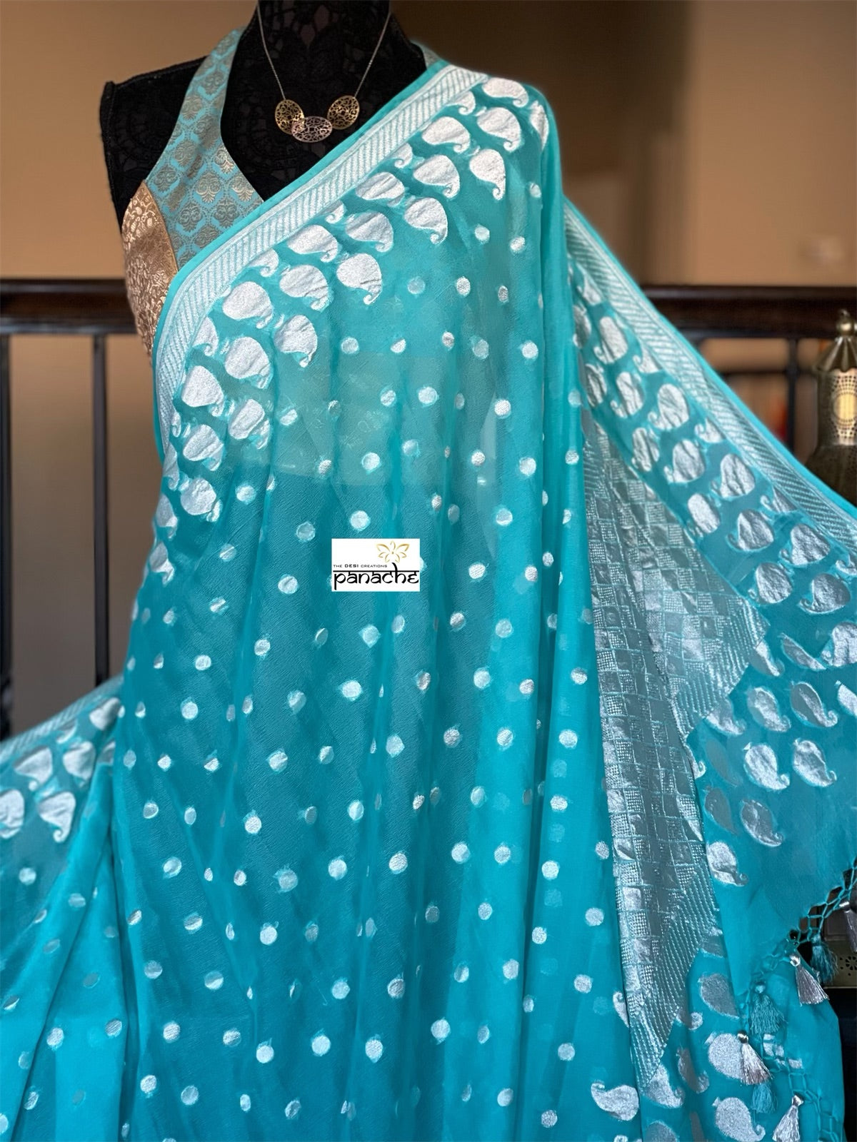 Khaddi Georgette Banarasi - Firozi Blue Silver Zari