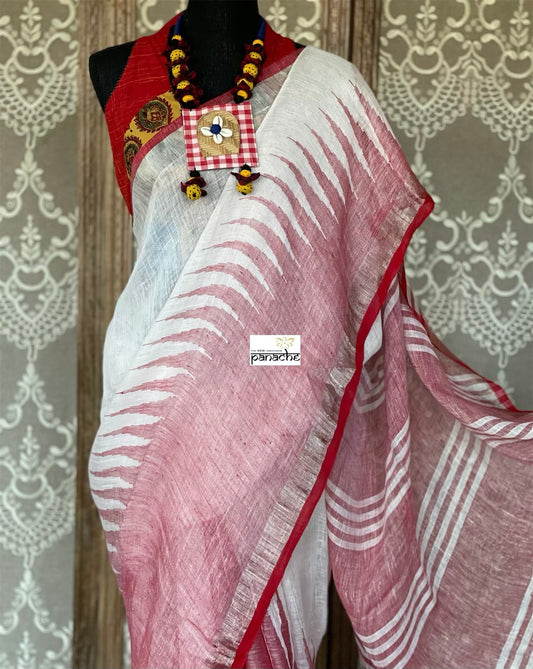Pure Linen Handloom - White Red Temple