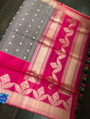 Kora Linen Silk Banarsi - Black White Checks Pink