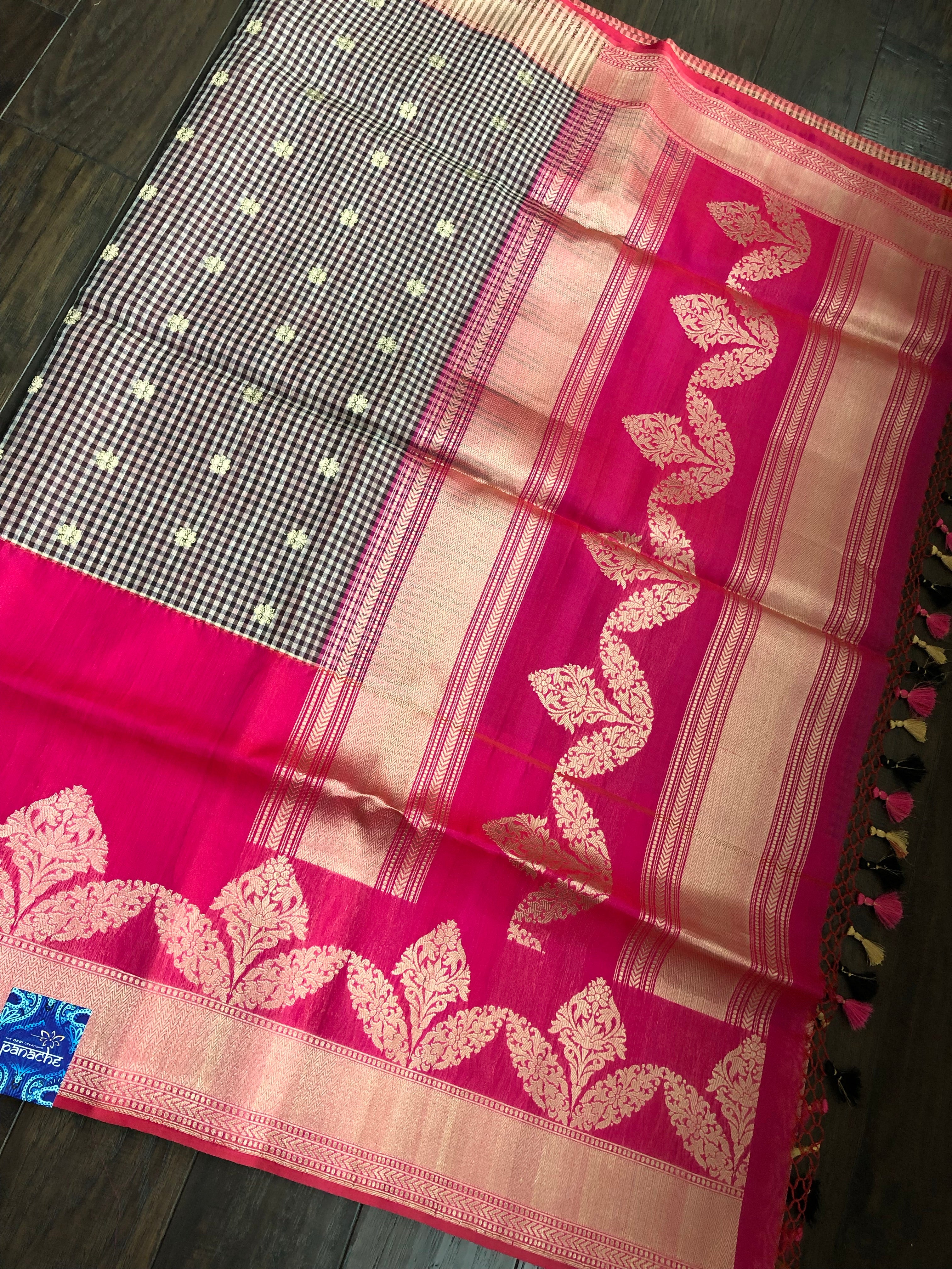 Kora Linen Silk Banarsi - Black White Checks Pink