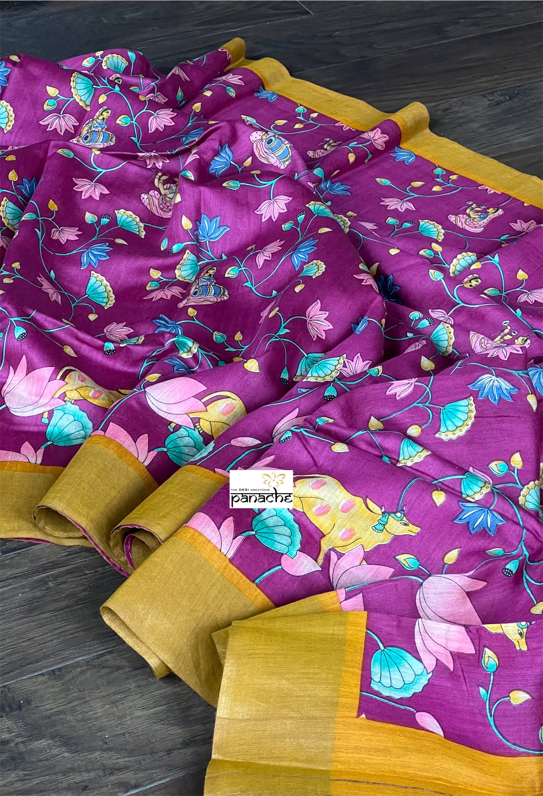 Muga Silk Pichwai Printed - Purple Ochre Yellow
