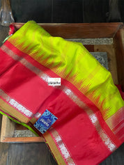 Silk Gadwal - Lime Green Red Checkered Golden Zari