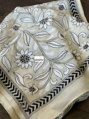 Pure Khadi Silk Stole - Beige White Black Kantha Stitch