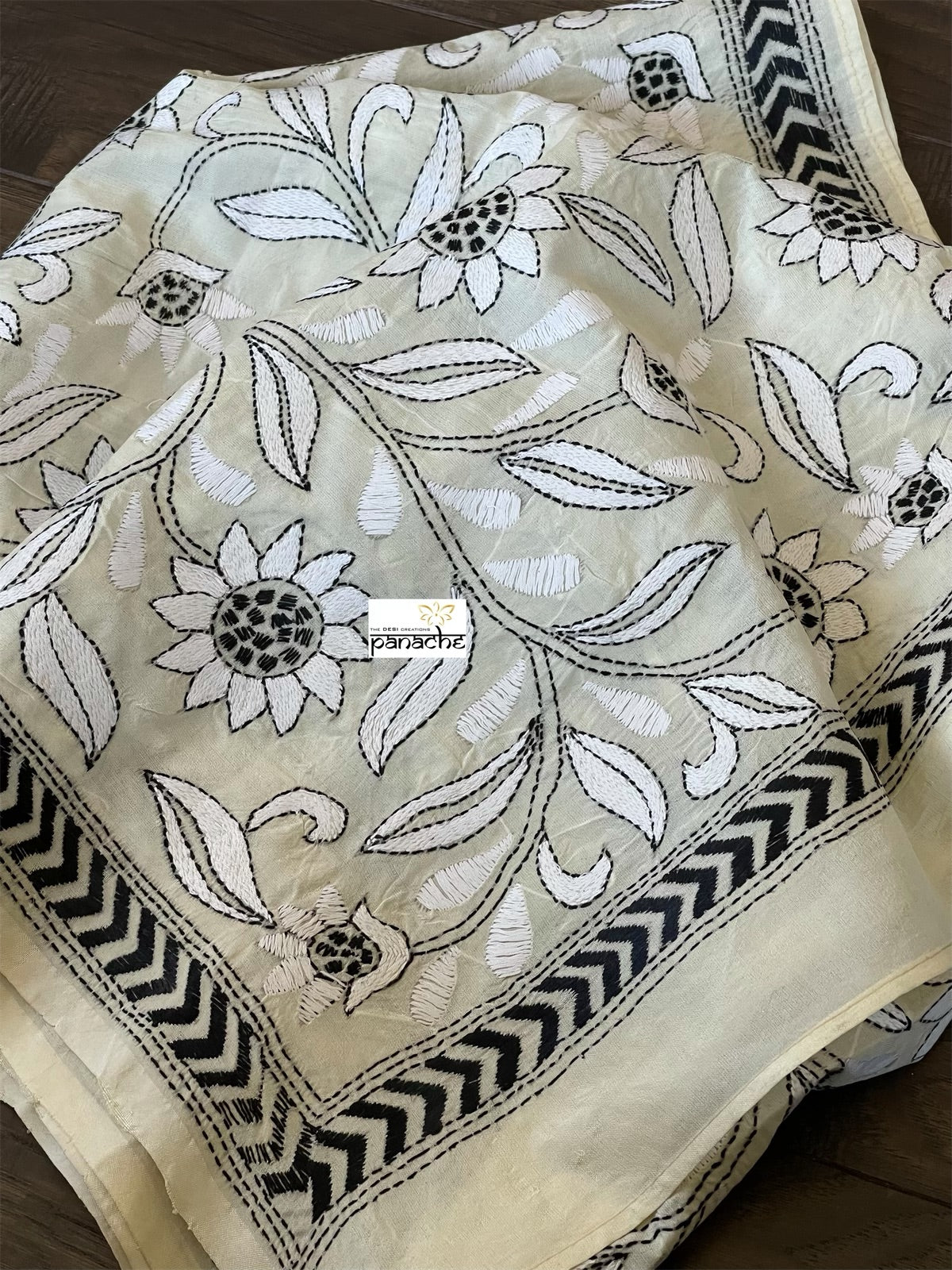 Pure Khadi Silk Stole - Beige White Black Kantha Stitch
