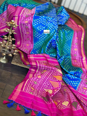 Pure Silk Ikat -  Firozi Sea Green Magenta