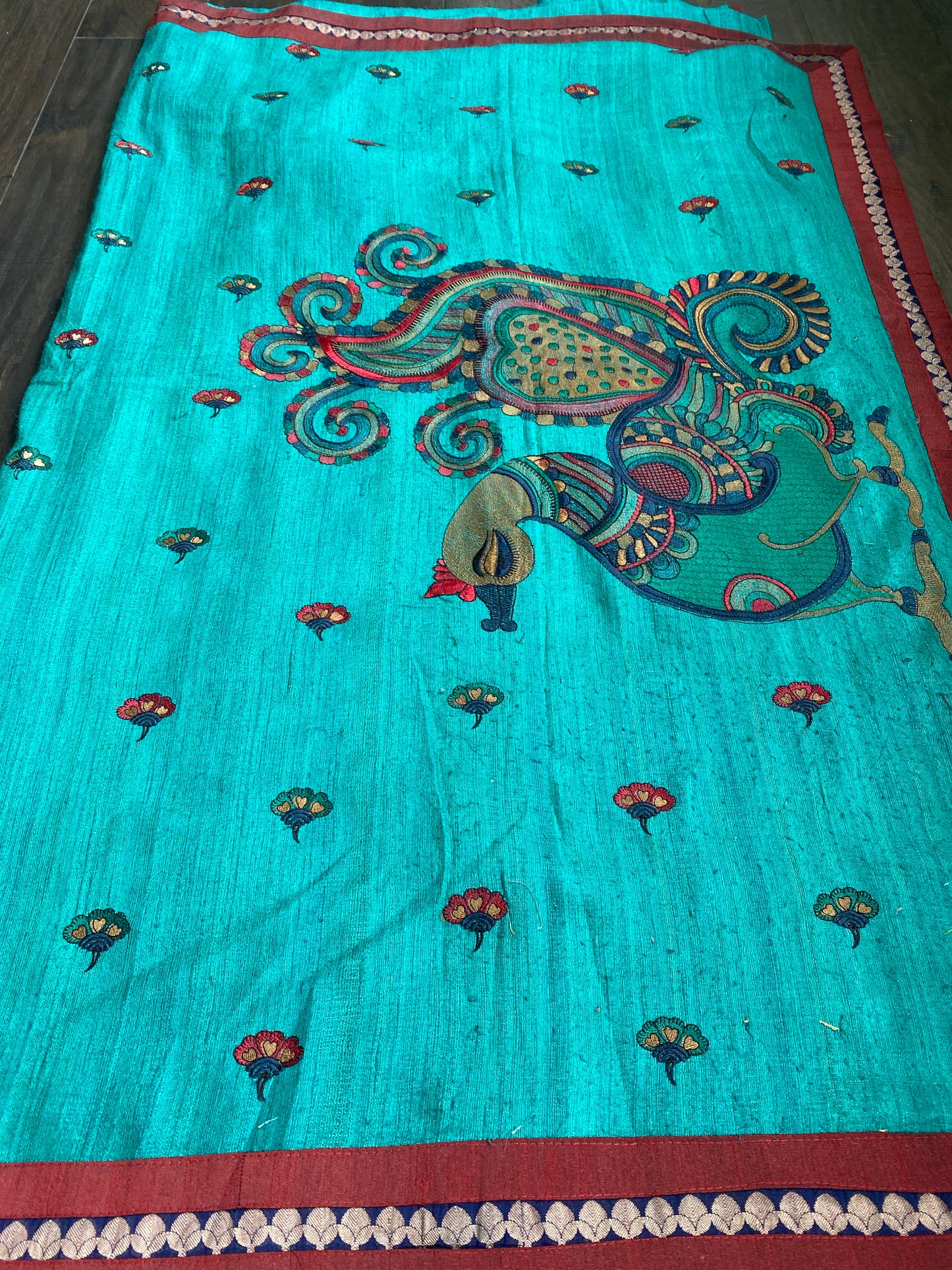Designer Tussar Gicha Silk - Teal Green Peacock embroidered