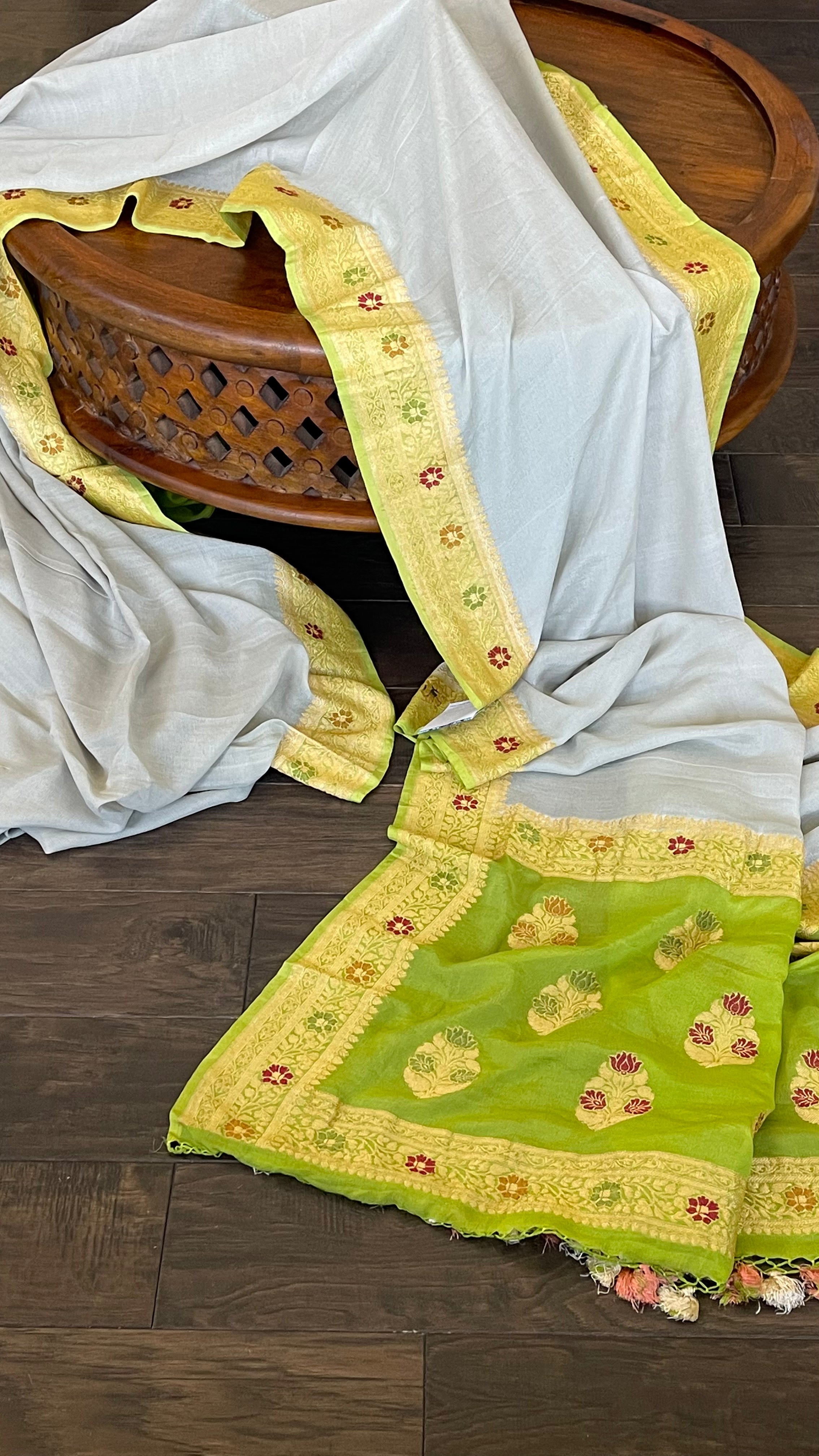 Khaddi Georgette Banarasi - Grey Green Meenakari