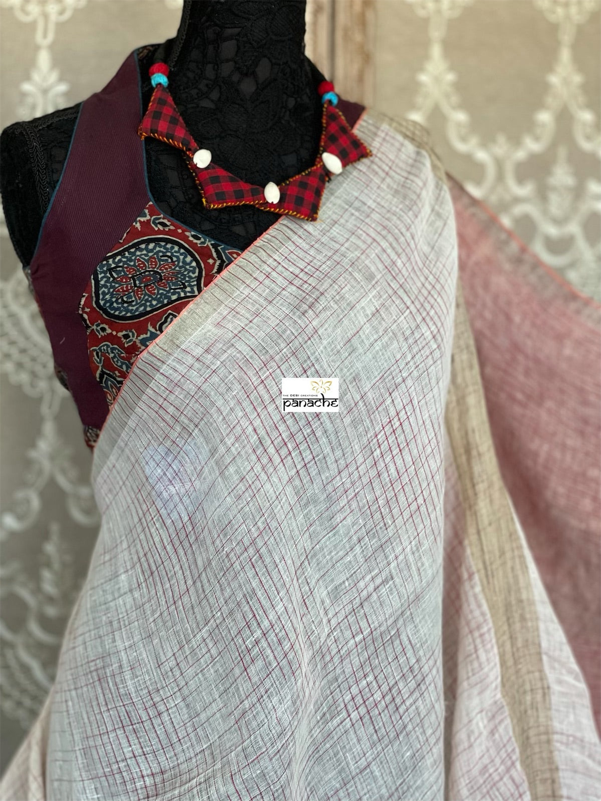 Linen Handloom - Off White Maroon Silver Zari