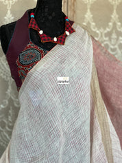 Linen Handloom - Off White Maroon Silver Zari