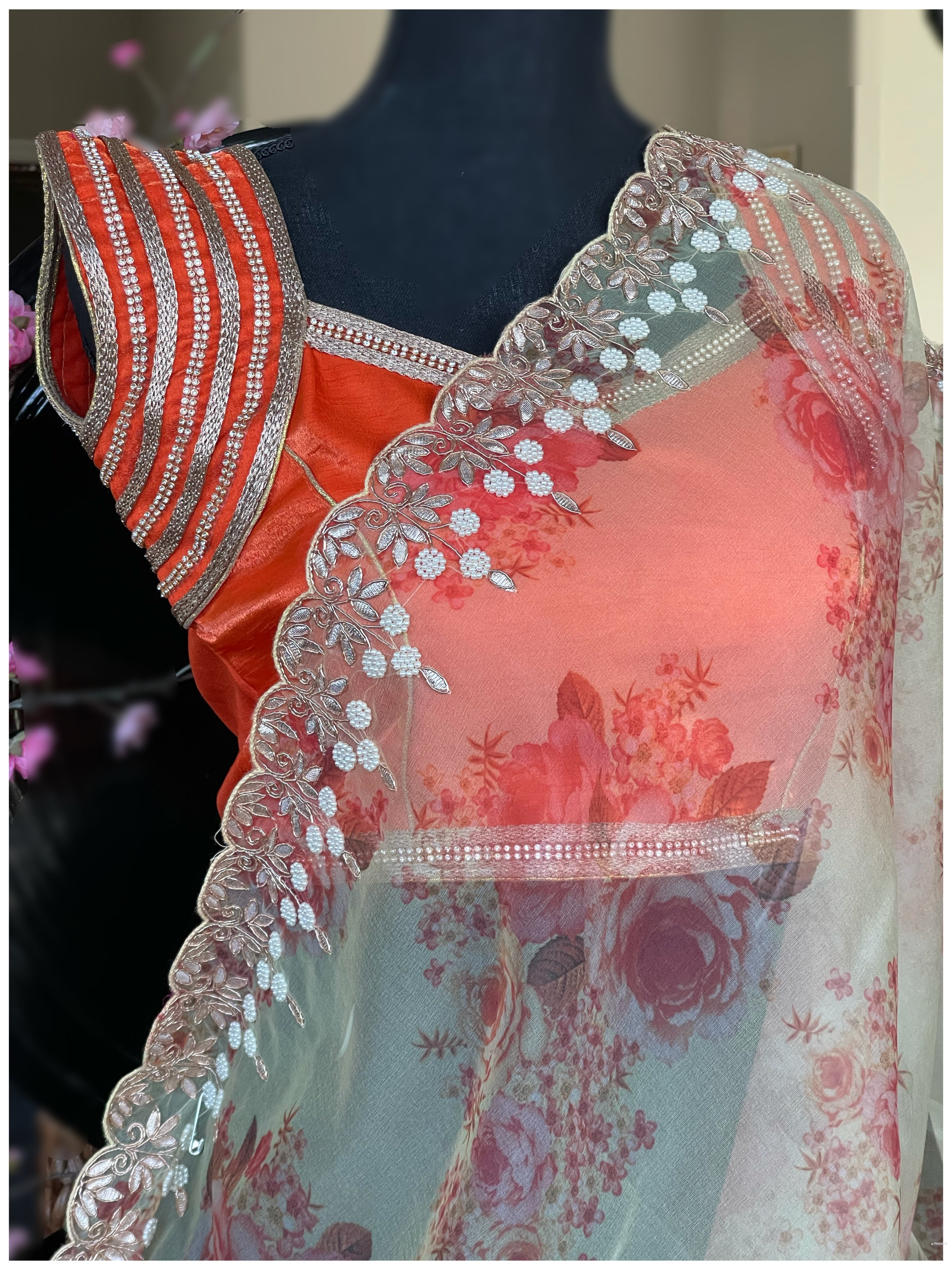 Designer Blouse - Orange Stone Studed