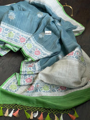 Tussar Georgette Banarasi - Grey Green Kadwa