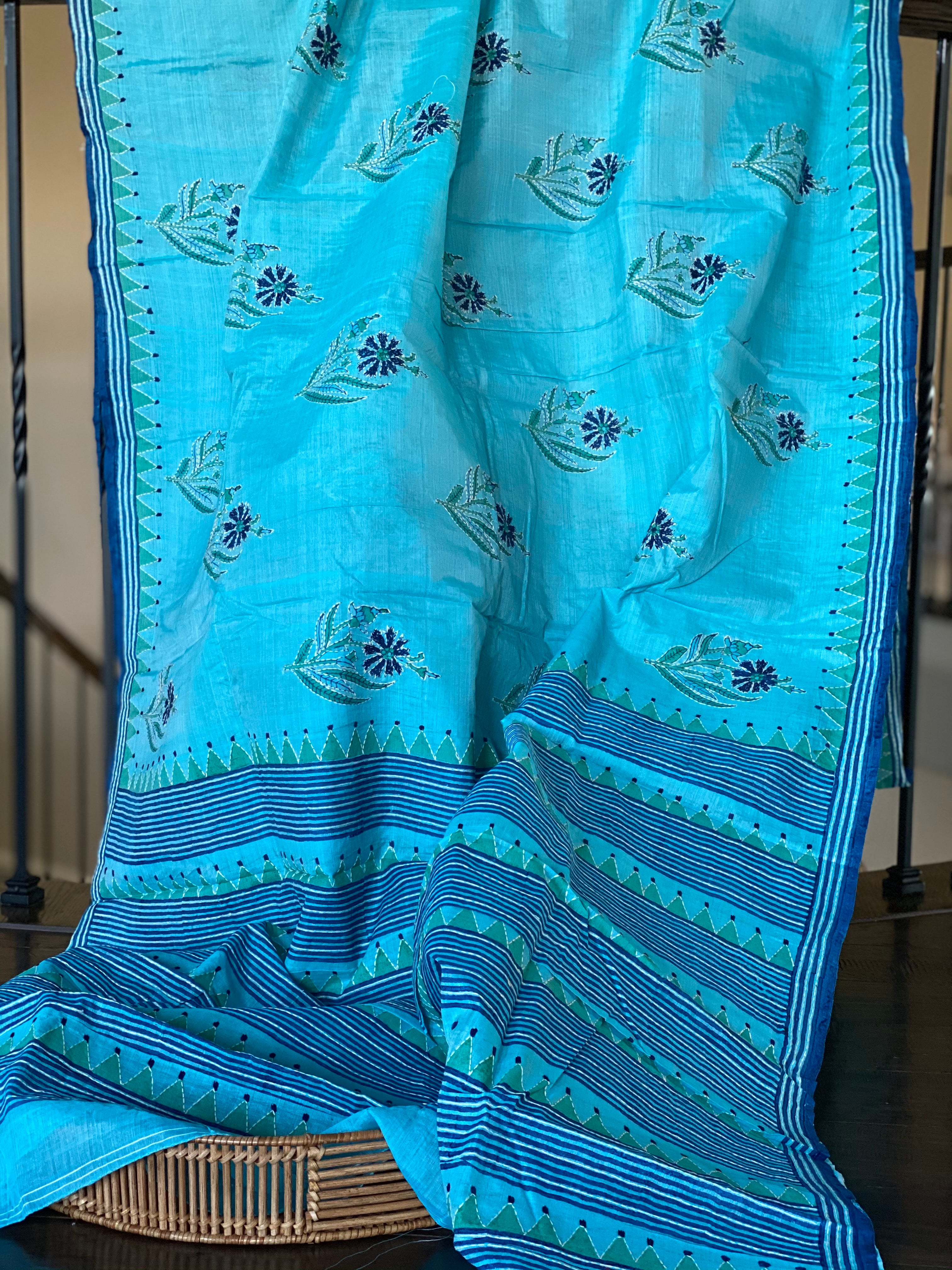 Tussar Silk Kantha Stitch -  Firozi