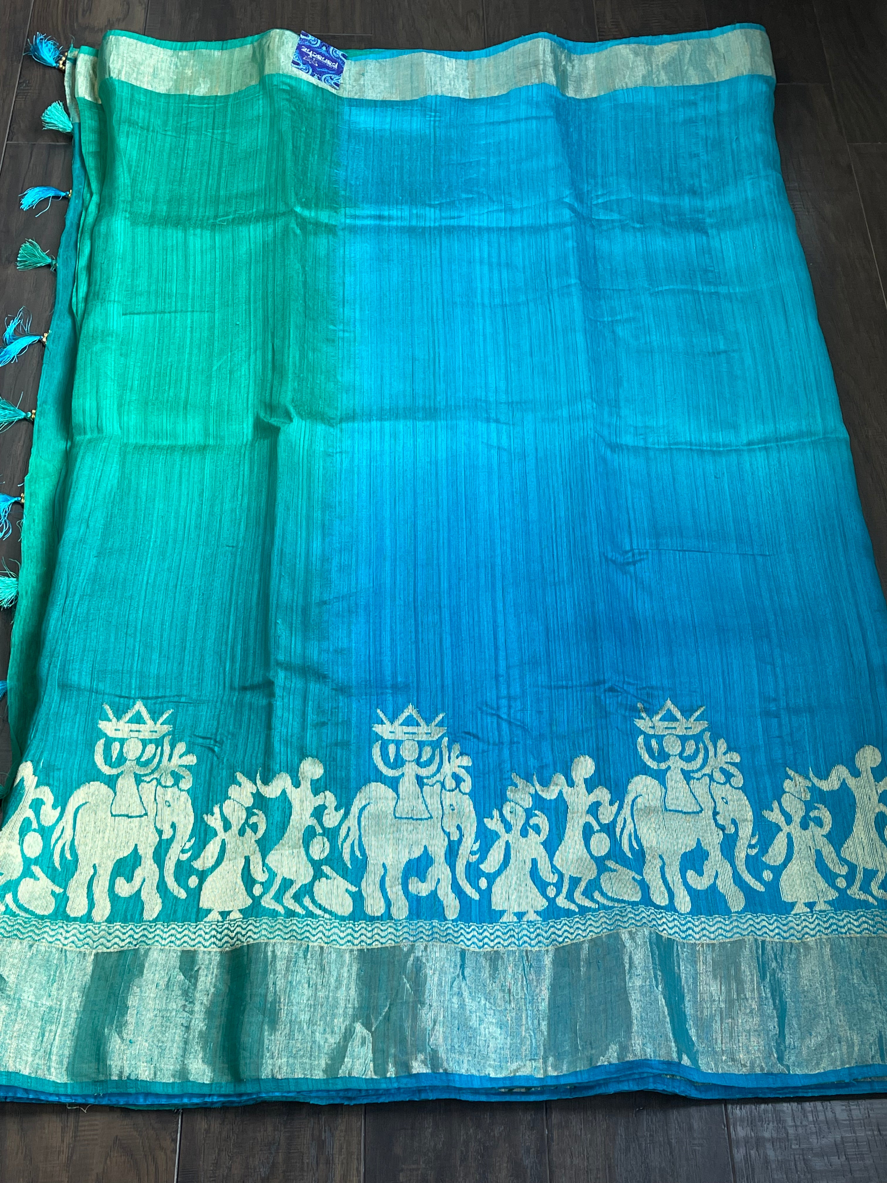 Raw Silk Banarasi - Firozi Blue Sea Green Shaded