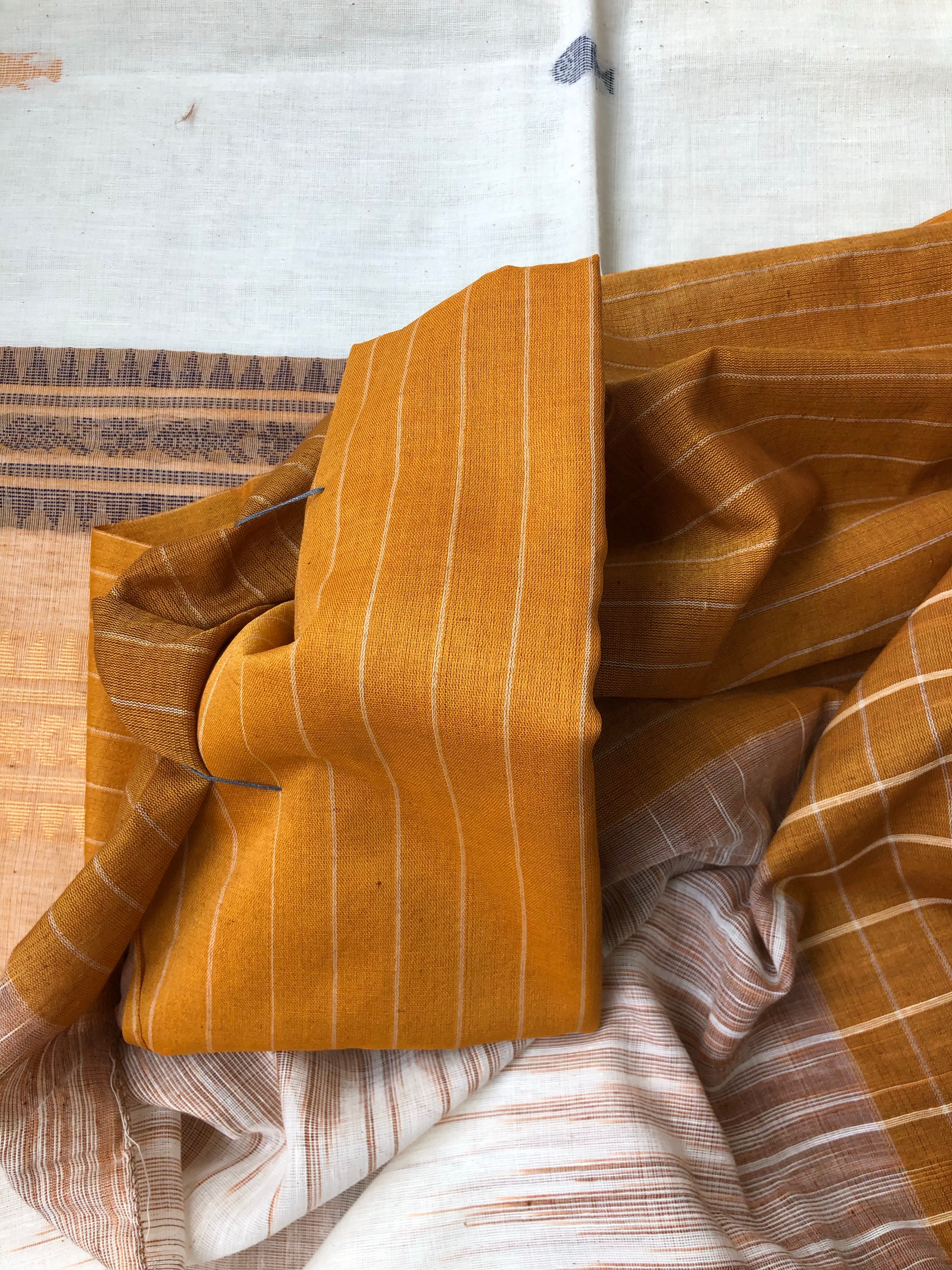 Pure Khadi Cotton Handloom - Off-White Ochre Yellow Woven