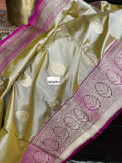 Pure Katan Silk Banarasi - Tan Gray Magenta