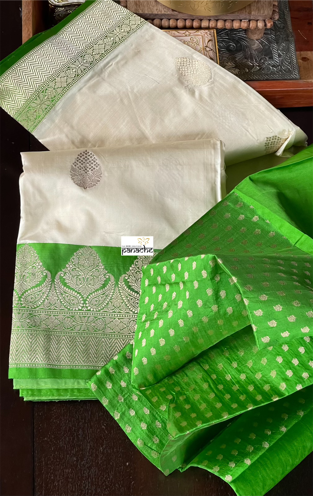Pure Katan Silk Banarasi - Cream Parrot Green