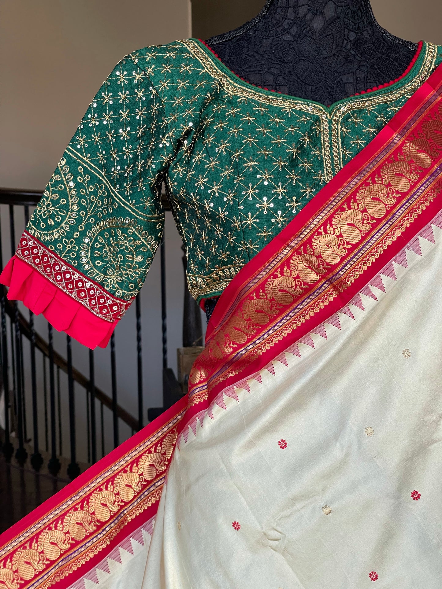 Designer Blouse - Green Red embroidered