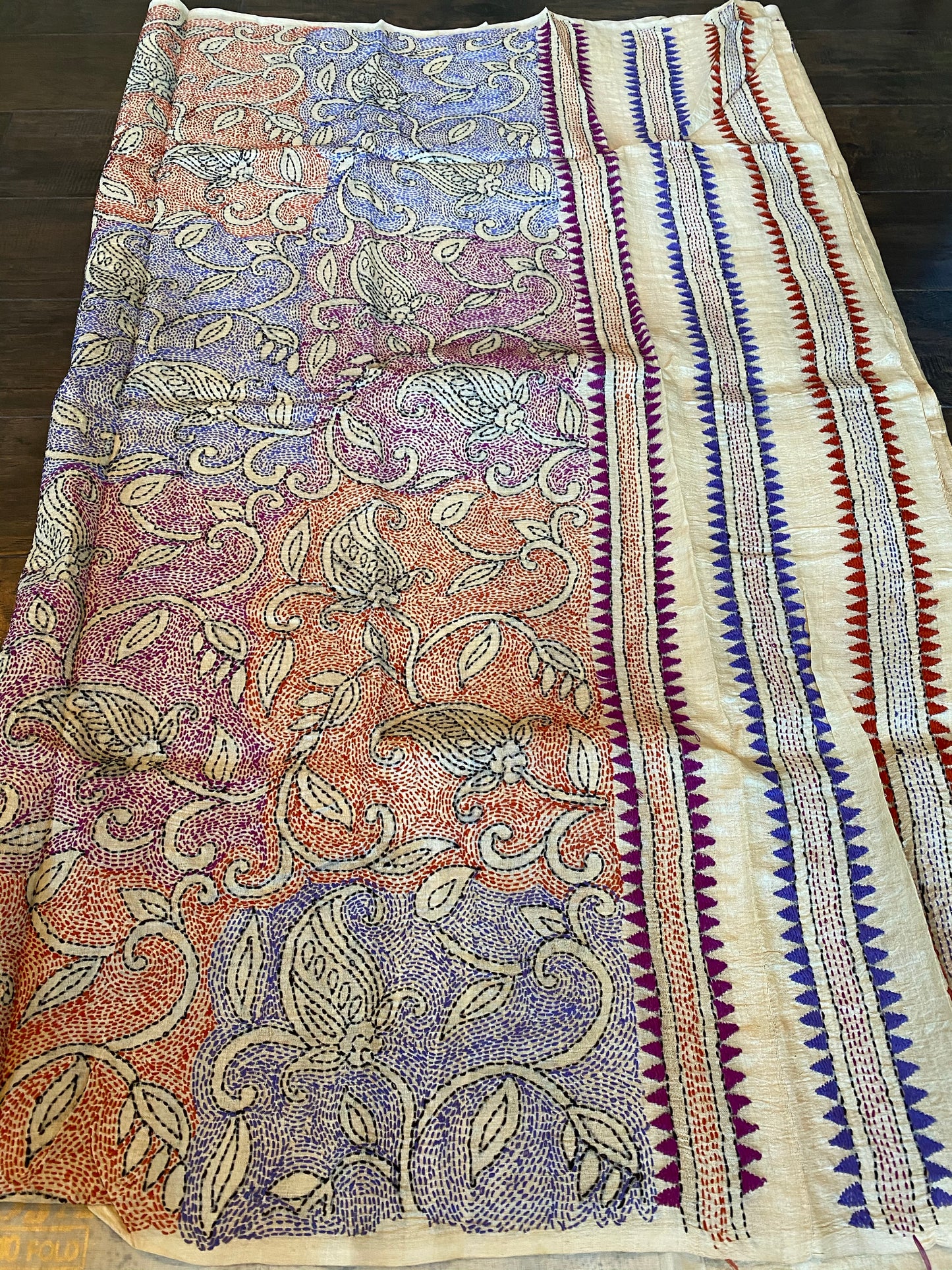 Pure Tussar Silk Kantha Stitch - Beige Multi Color