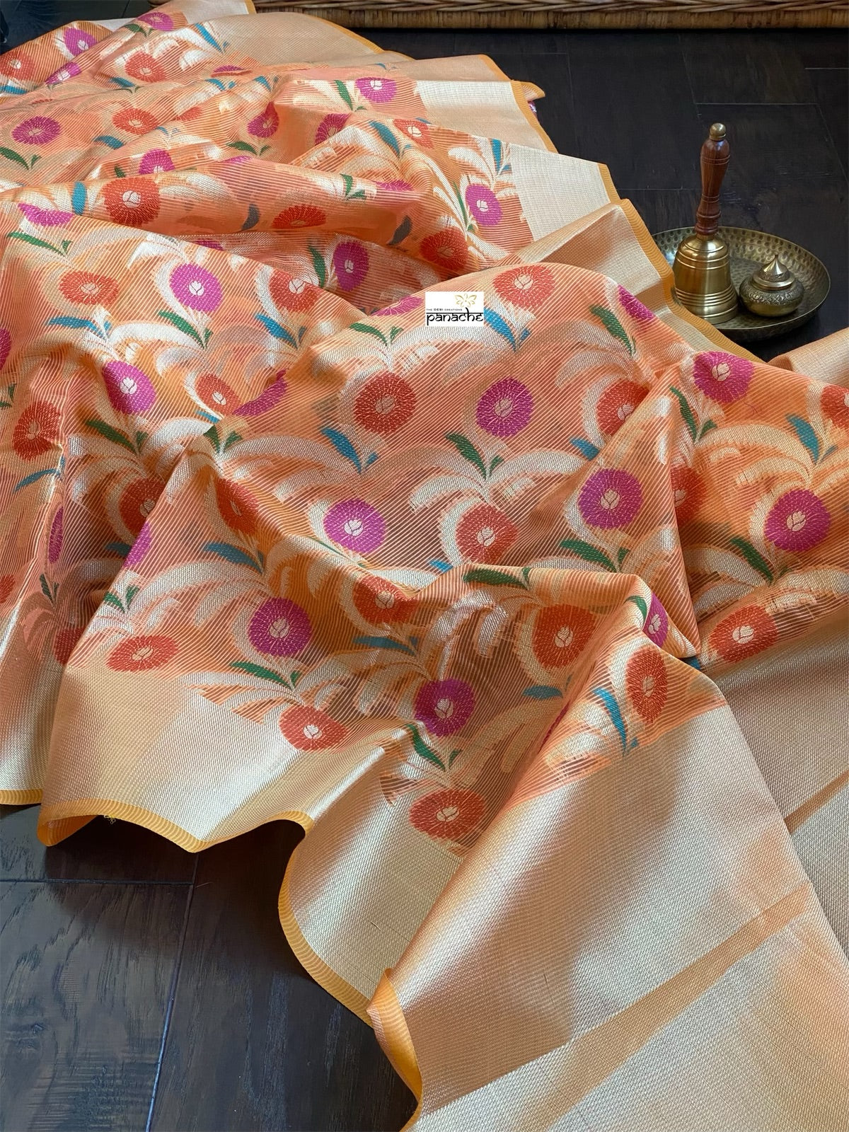 Kora Cotton Silk Saree - Tangerine Meenakari